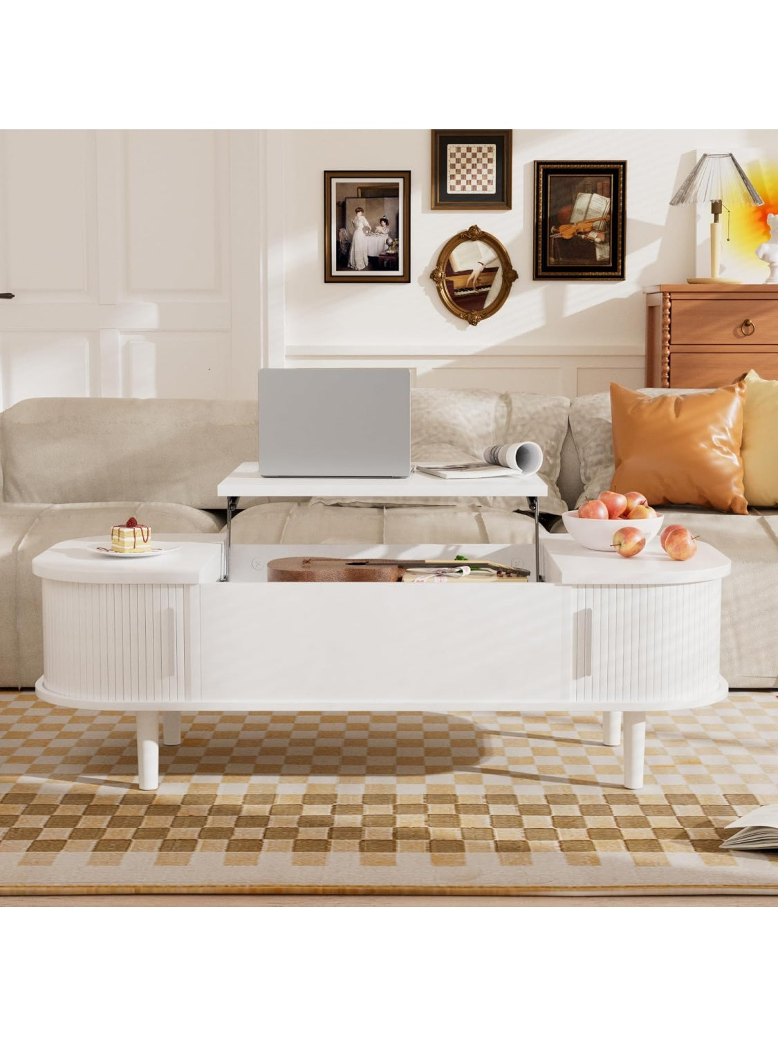 Mesa de Centro Elevable con Compartimento Oculto y Puerta Corredera para Espacios Pequenos