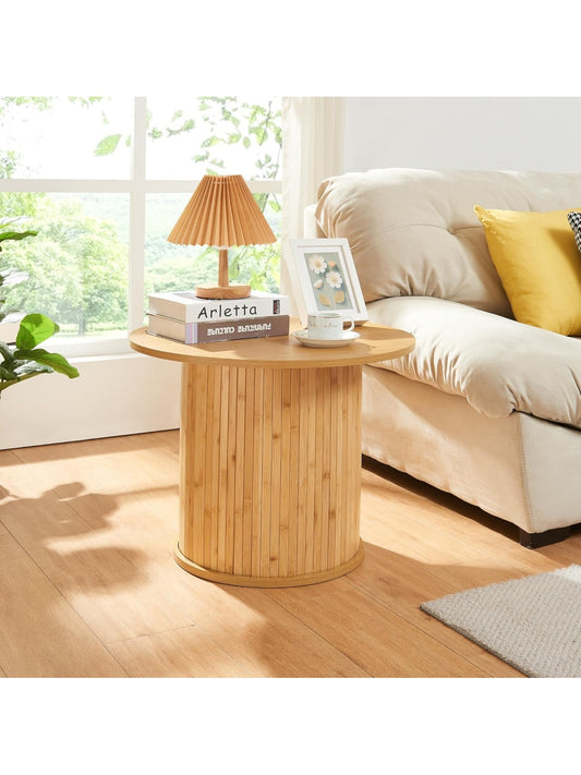 Mesa de Centro Redonda con Tablero de Bambu para Sala de Estar y Oficina