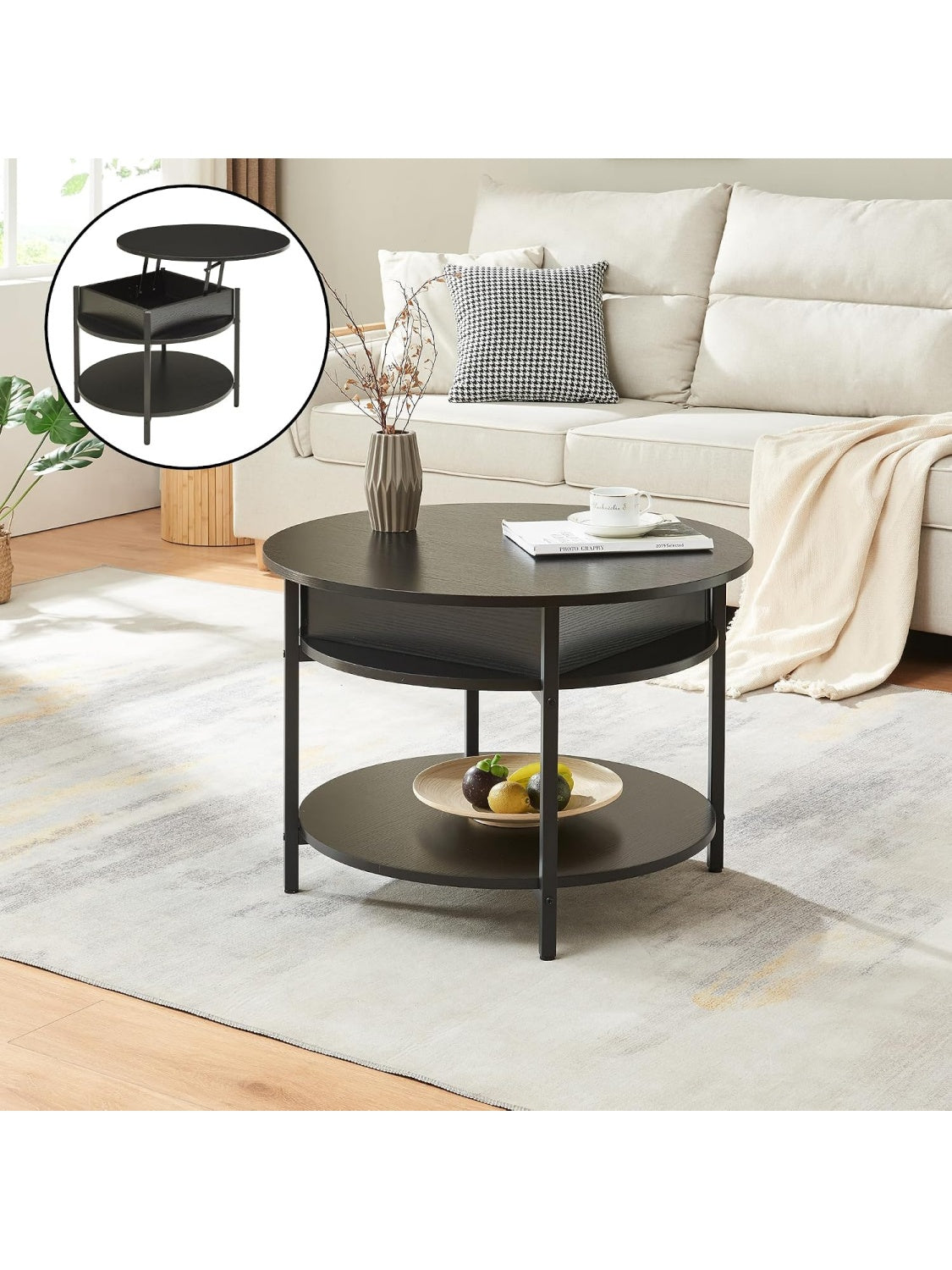 Mesa de centro redonda elevable con compartimento interior y estante auxiliar para salon