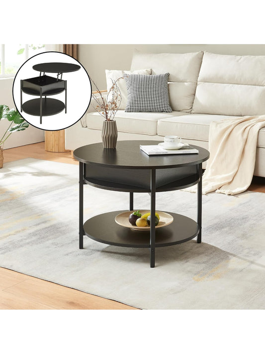 Mesa de centro redonda elevable con compartimento interior y estante auxiliar para salon