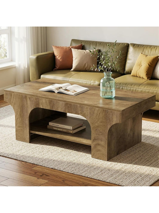 Mesa de centro rectangular de dos niveles con almacenamiento y estilo rustico para salon u oficina