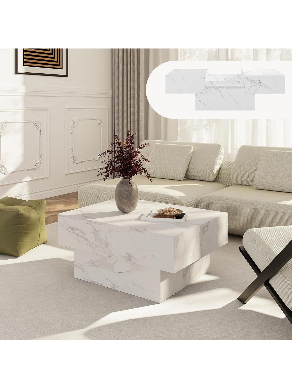 Mesa de Centro Rectangular con Tablero Elevable y Compartimentos Ocultos de Almacenaje