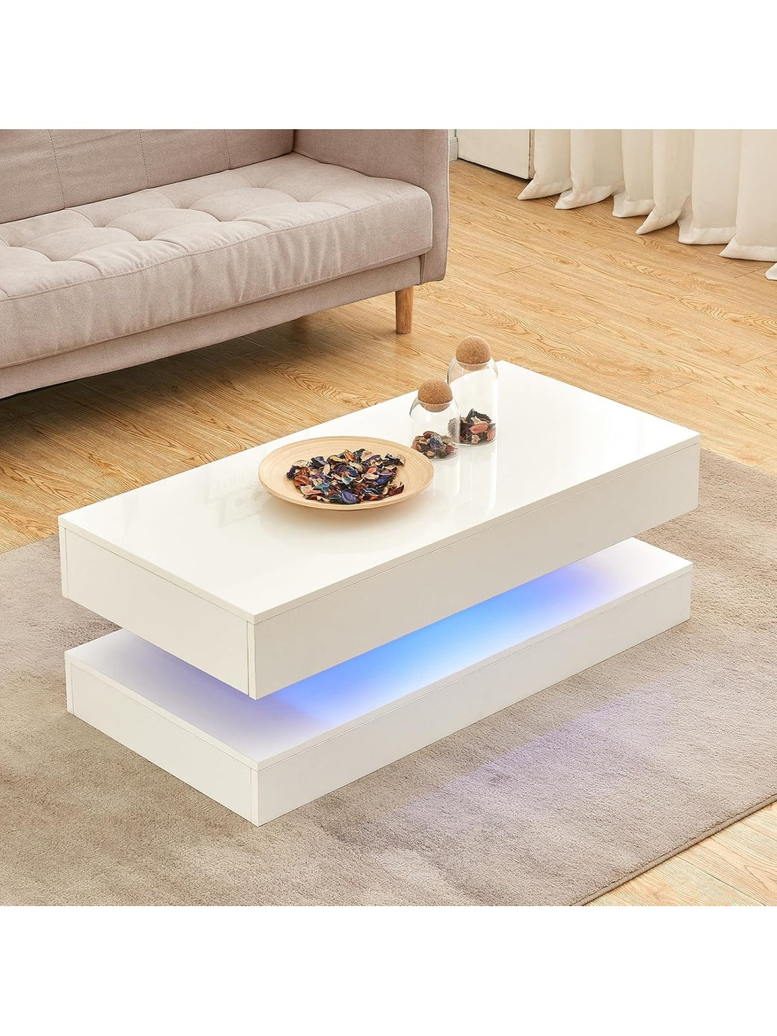 Mesa de Centro Moderna con Iluminacion LED y 2 Cajones para Salon u Oficina en Casa