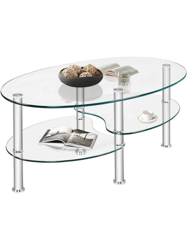 Mesa de centro ovalada de cristal templado con tres niveles de almacenamiento para salon u oficina