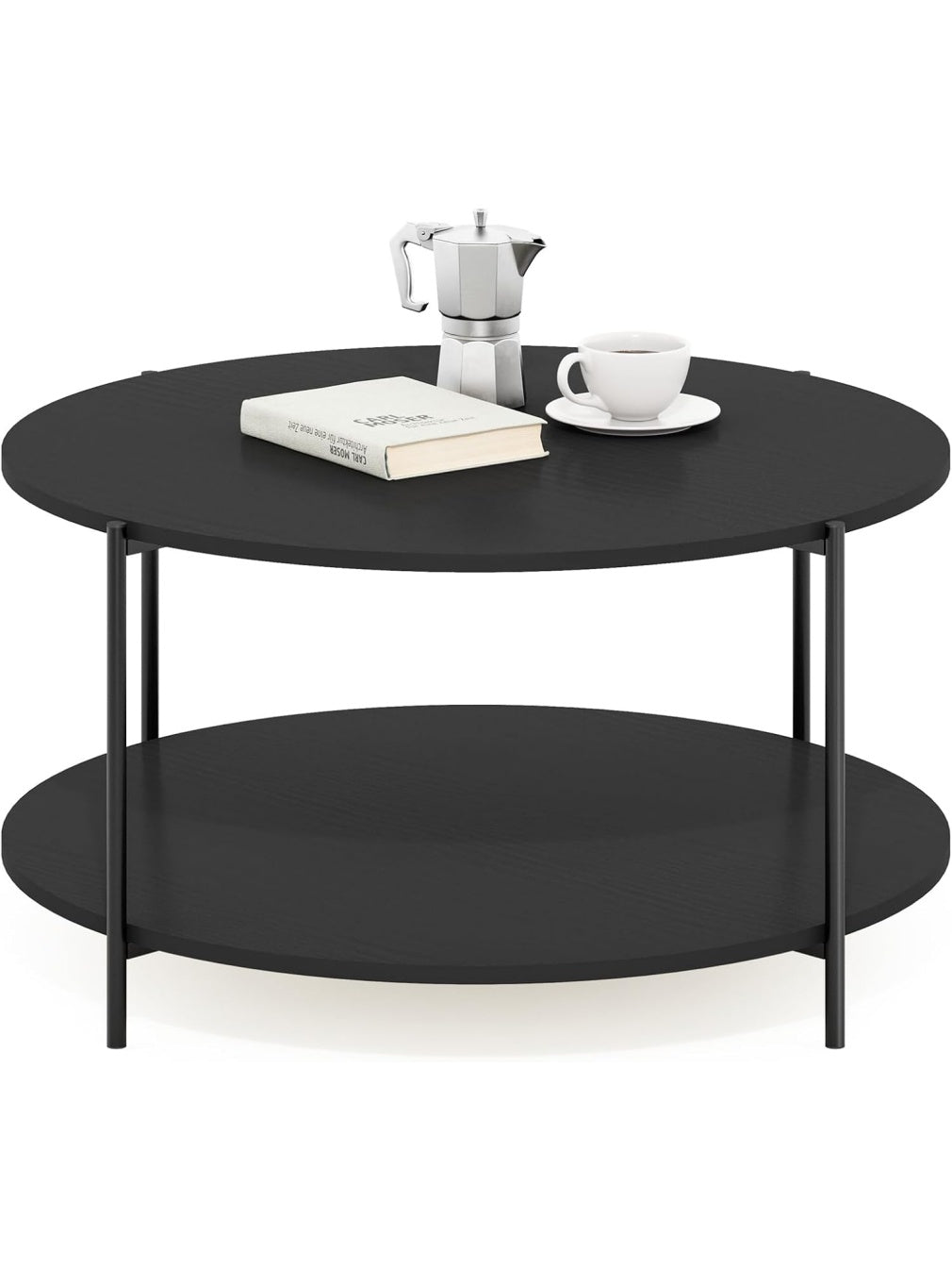 Mesa de centro redonda moderna de dos niveles con estructura metalica y estante abierto