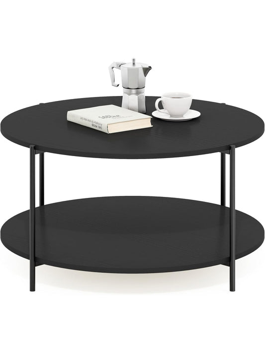 Mesa de centro redonda moderna de dos niveles con estructura metalica y estante abierto