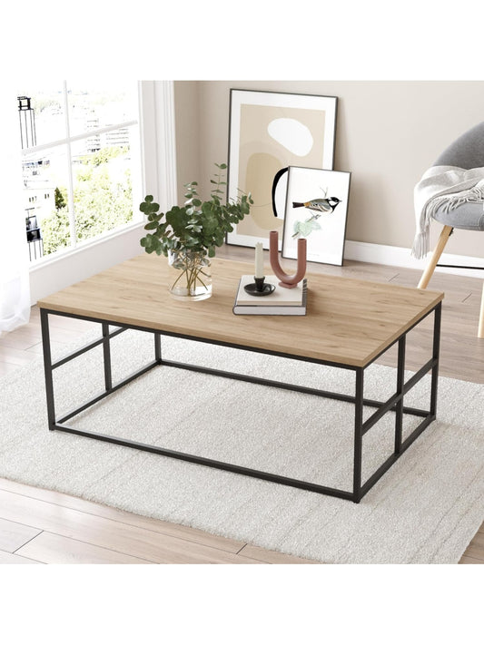 Mesa Auxiliar Rectangular con Base Metalica y Acabado Roble para Salon, Oficina o Despacho